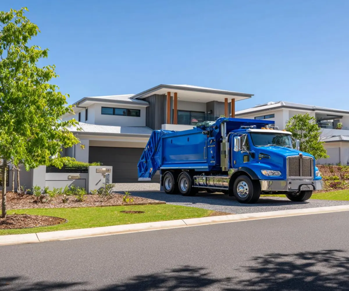 Blue skip bin truck delivering containers at a residential home for skip bin hire Rockhampton services
