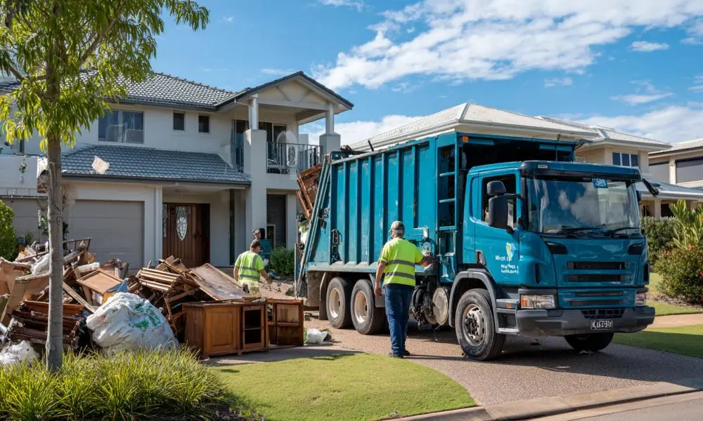 Workers clearing renovation debris and garden waste using rubbish removal Rockhampton services at a residential property