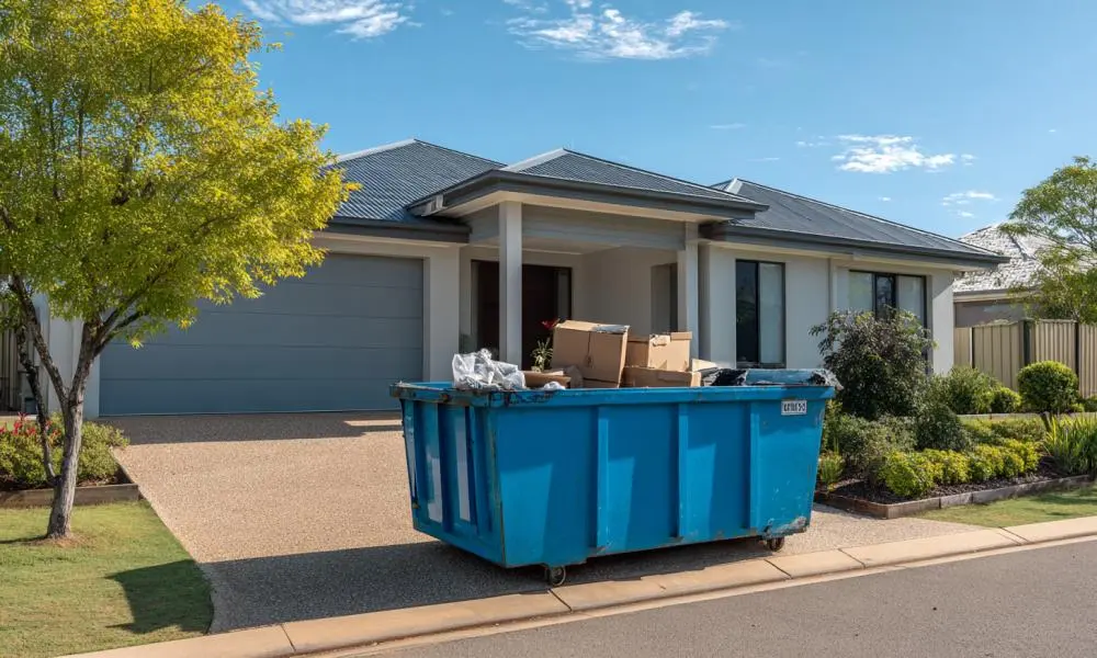 Large skip bin outside a family home during a cleanup project using skip bin hire Rockhampton services